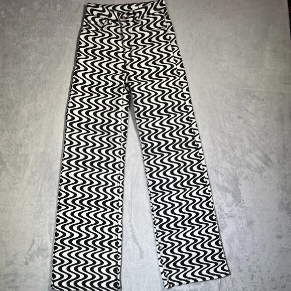 H&M Divided Jeans Womens US 2 Black White Wavy Stripe High Waist Wide Leg Groovy - Picture 1 of 8